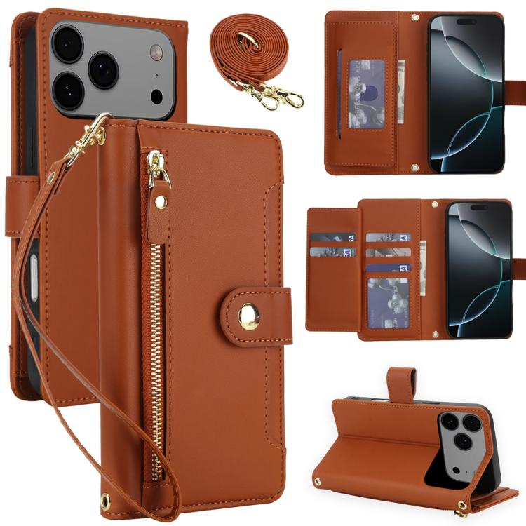For iPhone 17 Pro Seven Card Slots Zipper Wallet Leather Phone Case with Lanyard(Brown)