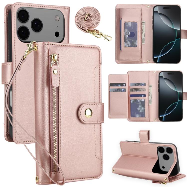 For iPhone 17 Pro Seven Card Slots Zipper Wallet Leather Phone Case with Lanyard(Rose Gold)