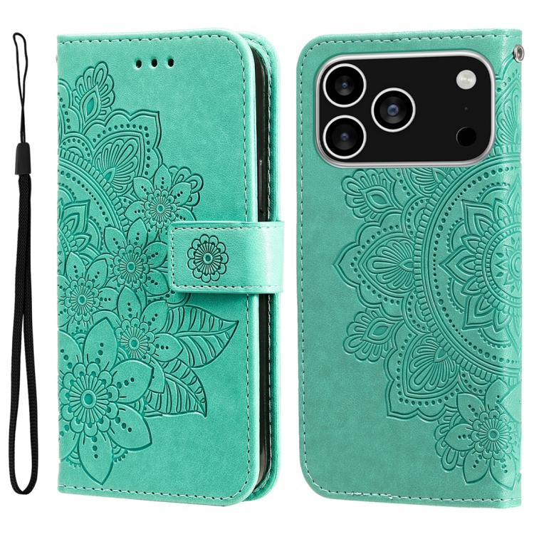 For iPhone 17 Pro Seven-petal Flowers Embossing Leather Phone Case(Green)