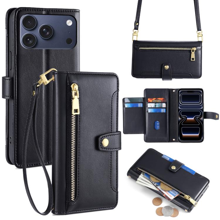 For iPhone 17 Pro Sheep Texture Cross-body Zipper Wallet Leather Phone Case(Black)