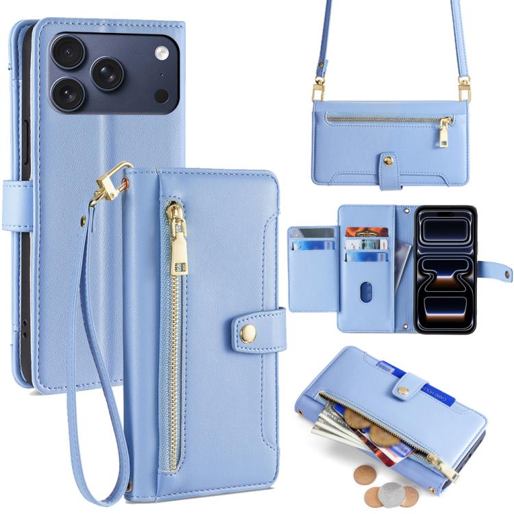 For iPhone 17 Pro Sheep Texture Cross-body Zipper Wallet Leather Phone Case(Blue)