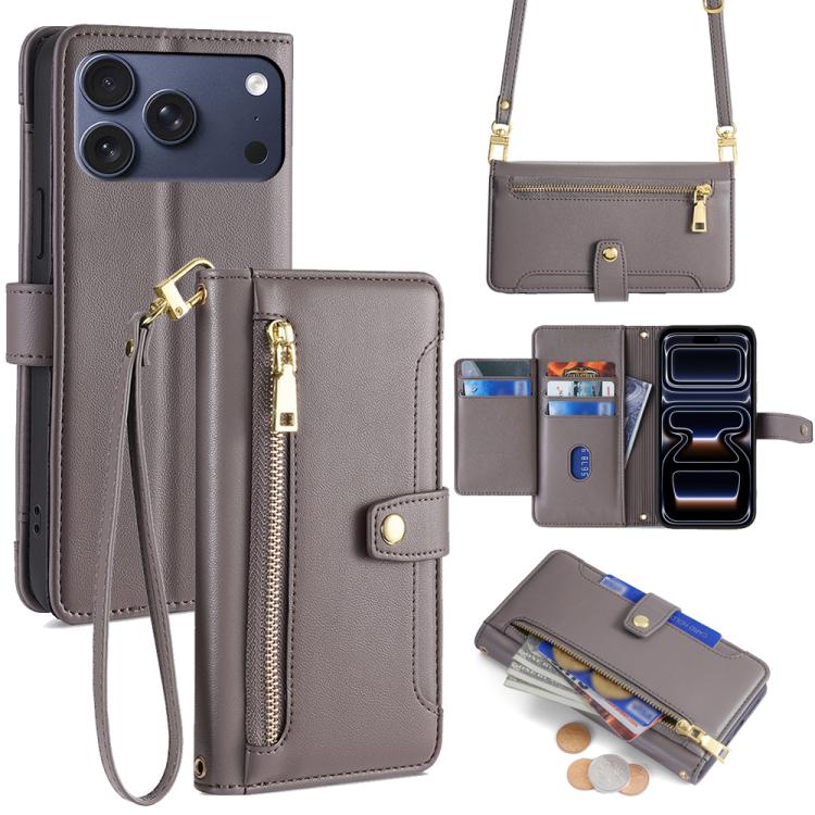 For iPhone 17 Pro Sheep Texture Cross-body Zipper Wallet Leather Phone Case(Grey)