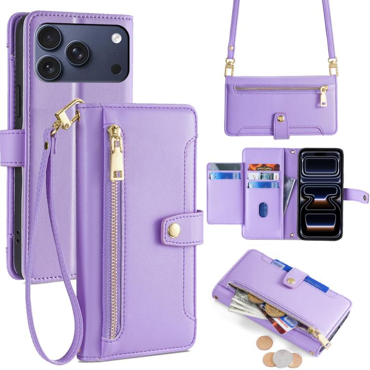 For iPhone 17 Pro Sheep Texture Cross-body Zipper Wallet Leather Phone Case(Purple)