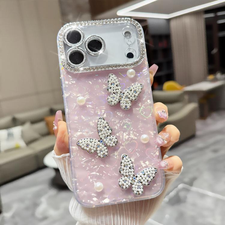 For iPhone 17 Pro Shell Texture 3D Pearl Butterfly Diamond Glitter Phone Case(Pink)