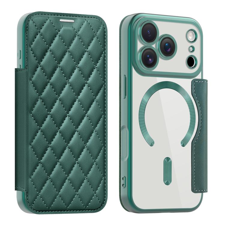 For iPhone 17 Pro Shield Magsafe RFID Anti-theft Rhombus Leather Phone Case(Green)
