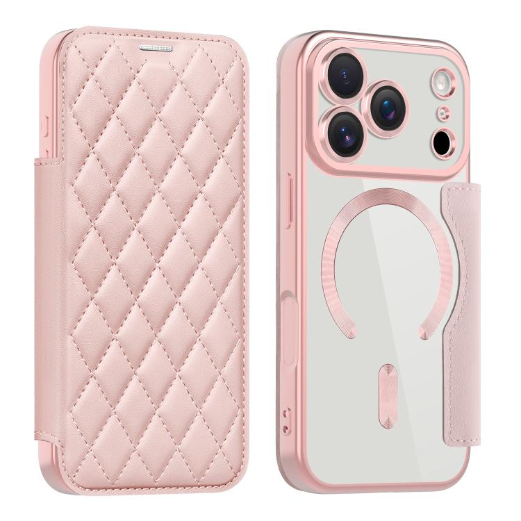 For iPhone 17 Pro Shield Magsafe RFID Anti-theft Rhombus Leather Phone Case(Pink)