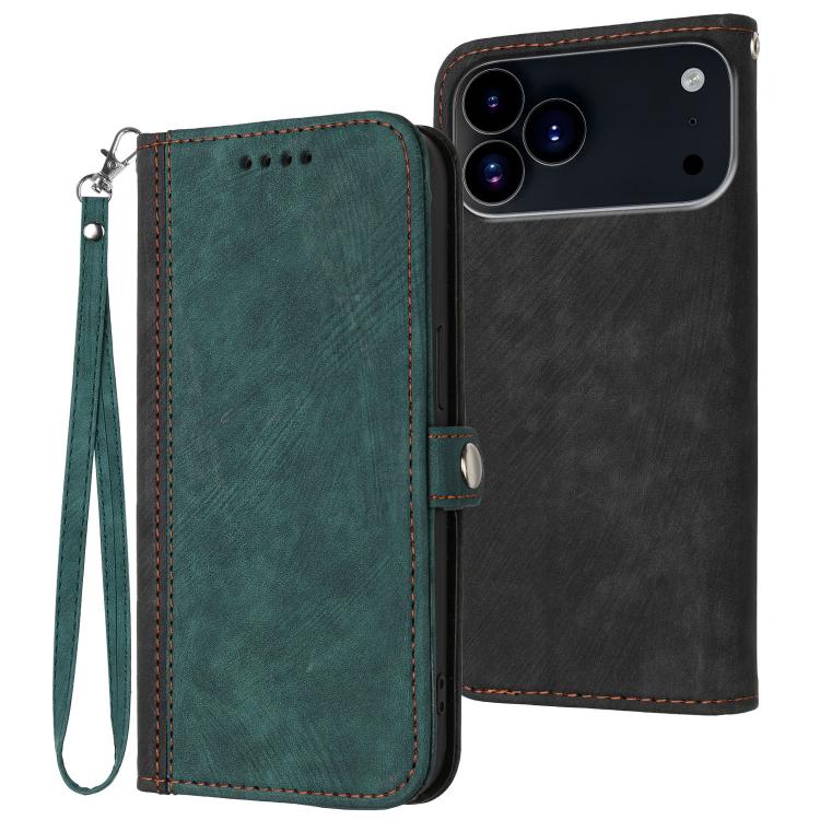 For iPhone 17 Pro Side Buckle Double Fold Hand Strap Leather Phone Case(Dark Green)
