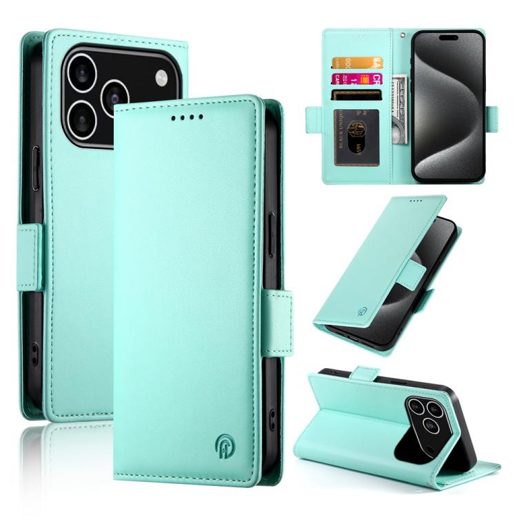 For iPhone 17 Pro Side Buckle Magnetic Frosted Leather Phone Case(Mint Green)