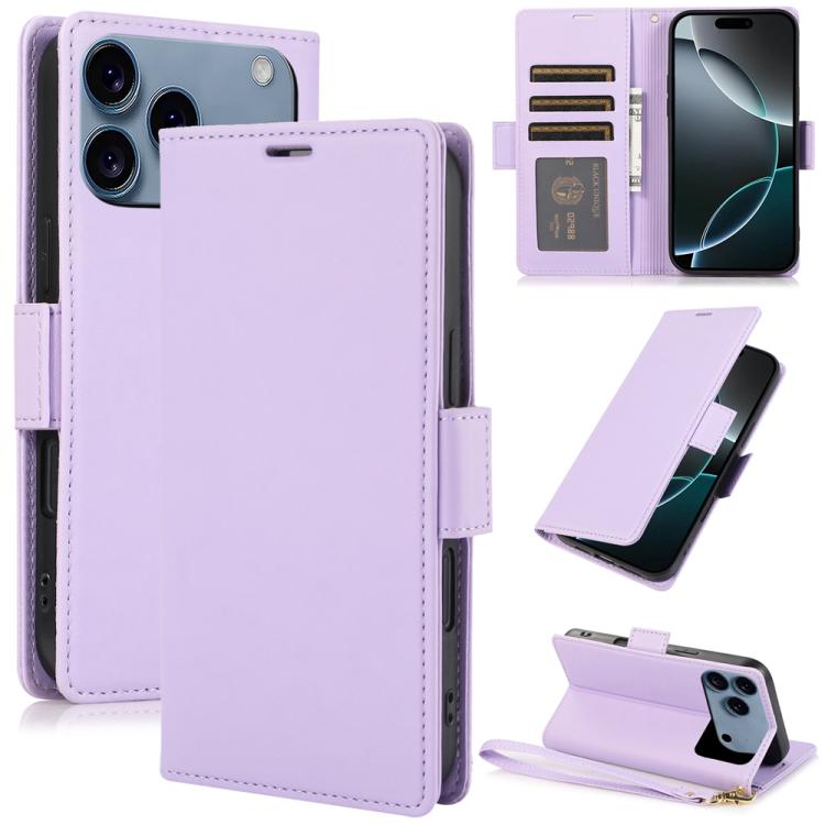 For iPhone 17 Pro Side Buckle RFID Anti-theft Leather Phone Case(Light Purple)
