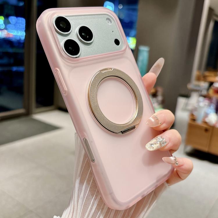 For iPhone 17 Pro Skin Feel 360 Degrees Rotating Holder PC Hybrid TPU Magnetic Phone Case(Pink)