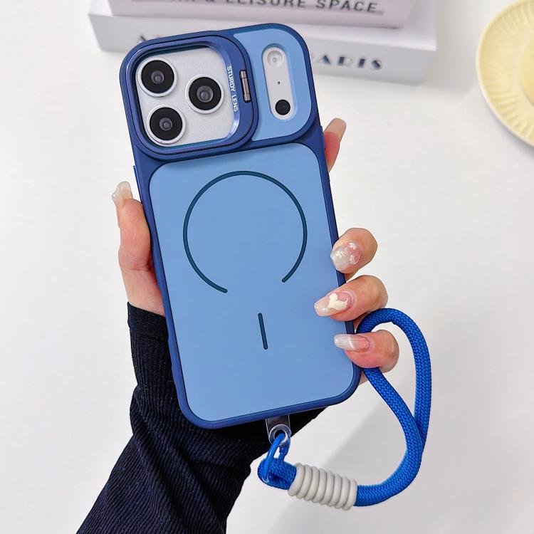 For iPhone 17 Pro Skin Feel Camera Holder Fine Circle Magnetic Phone Case with Lanyard(Dark Blue)