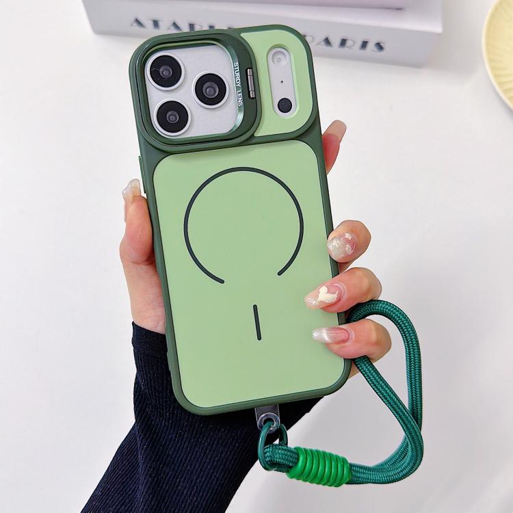 For iPhone 17 Pro Skin Feel Camera Holder Fine Circle Magnetic Phone Case with Lanyard(Green)