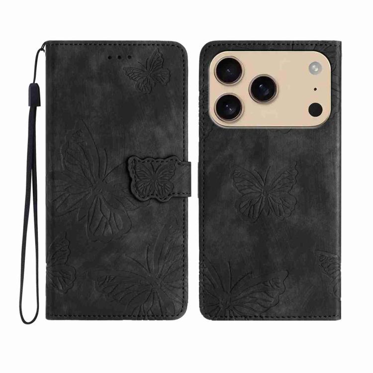 For iPhone 17 Pro Skin-feel Embossed Butterfly Leather Phone Case(Black)