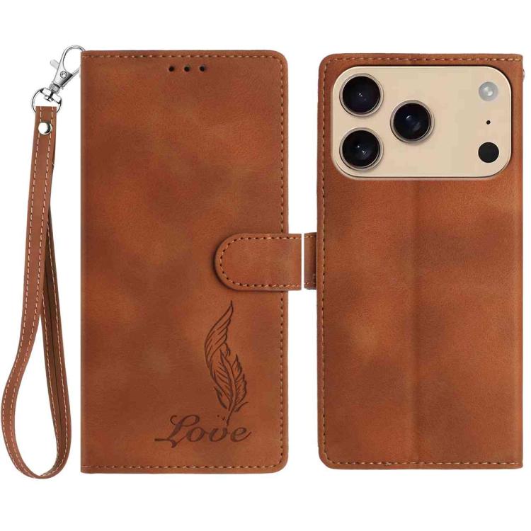 For iPhone 17 Pro Skin Feel Embossed Feather Leather Phone Case(Brown)