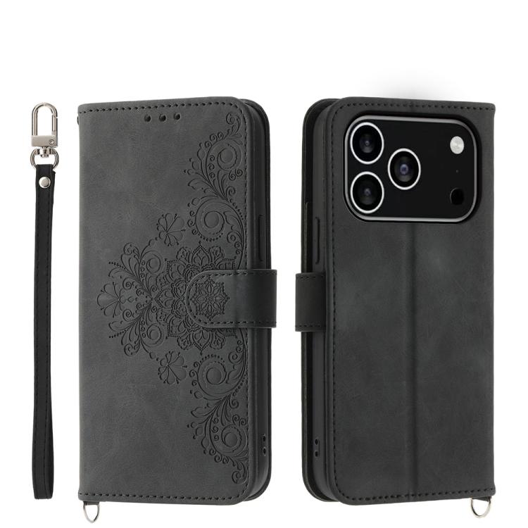For iPhone 17 Pro Skin-feel Flowers Embossed Wallet Leather Phone Case(Black)