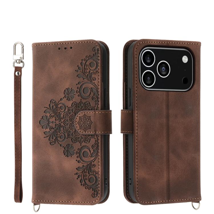 For iPhone 17 Pro Skin-feel Flowers Embossed Wallet Leather Phone Case(Brown)