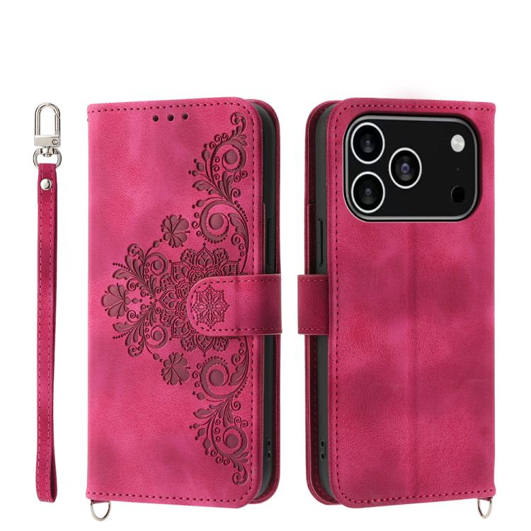 For iPhone 17 Pro Skin-feel Flowers Embossed Wallet Leather Phone Case(Wine Red)