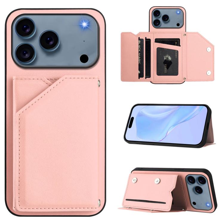 For iPhone 17 Pro Skin Feel Four Card Slots Phone Case with Wrist Strap(Pink)