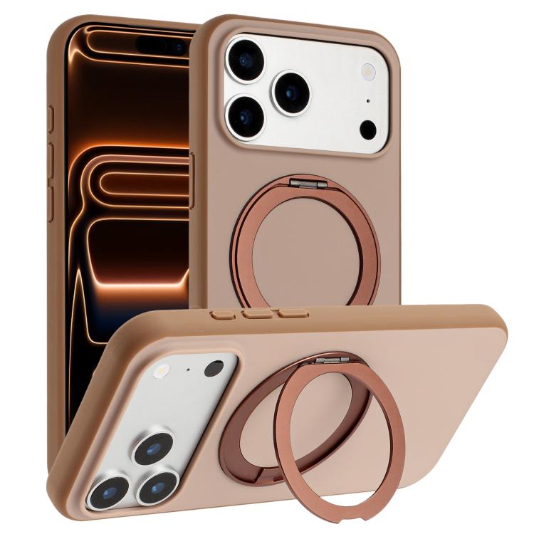 For iPhone 17 Pro Skin Feel Frosted 360 Degree Rotation Holder Magnetic Phone Case(Brown)