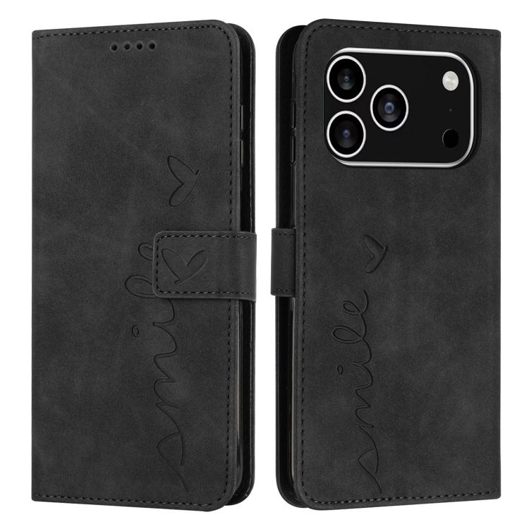 For iPhone 17 Pro Skin Feel Heart Embossed Leather Phone Case with Long Lanyard(Black)