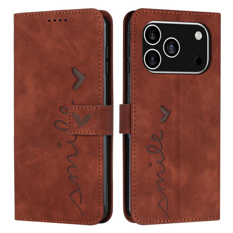 For iPhone 17 Pro Skin Feel Heart Embossed Leather Phone Case with Long Lanyard(Brown)