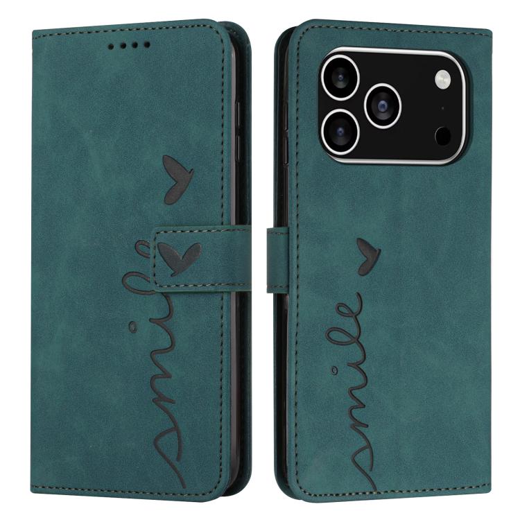 For iPhone 17 Pro Skin Feel Heart Embossed Leather Phone Case with Long Lanyard(Green)