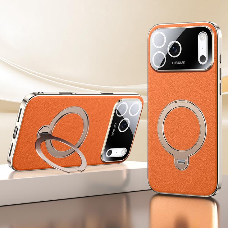 For iPhone 17 Pro Skin Feel Leather Texture Cooling MagSafe Phone Case with 360 Degrees Rotating Holder(Orange)