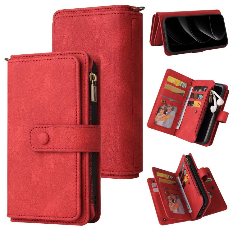 For iPhone 17 Pro Skin Feel Multi Card Slots Zipper Wallet Leather Phone Case(Red)
