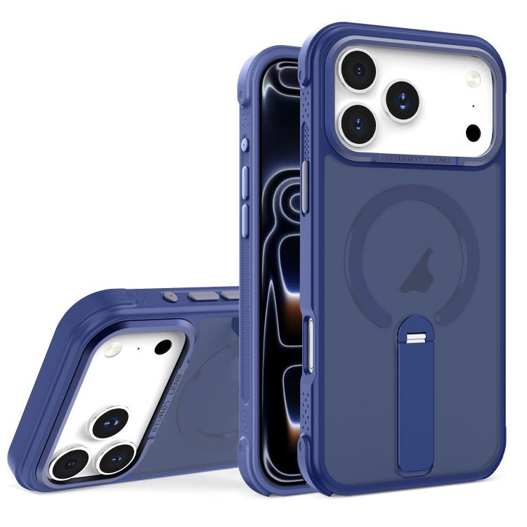 For iPhone 17 Pro Skin Feel PC TPU Hybrid Fold Holder Magnetic Phone Case(Dark Blue)