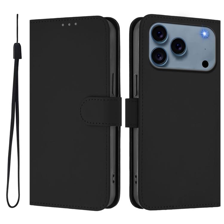 For iPhone 17 Pro Skin Feel Solid Color Leather Phone Case with Lanyard(Black)