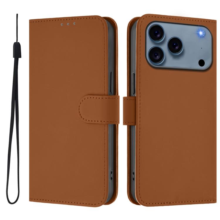 For iPhone 17 Pro Skin Feel Solid Color Leather Phone Case with Lanyard(Brown)