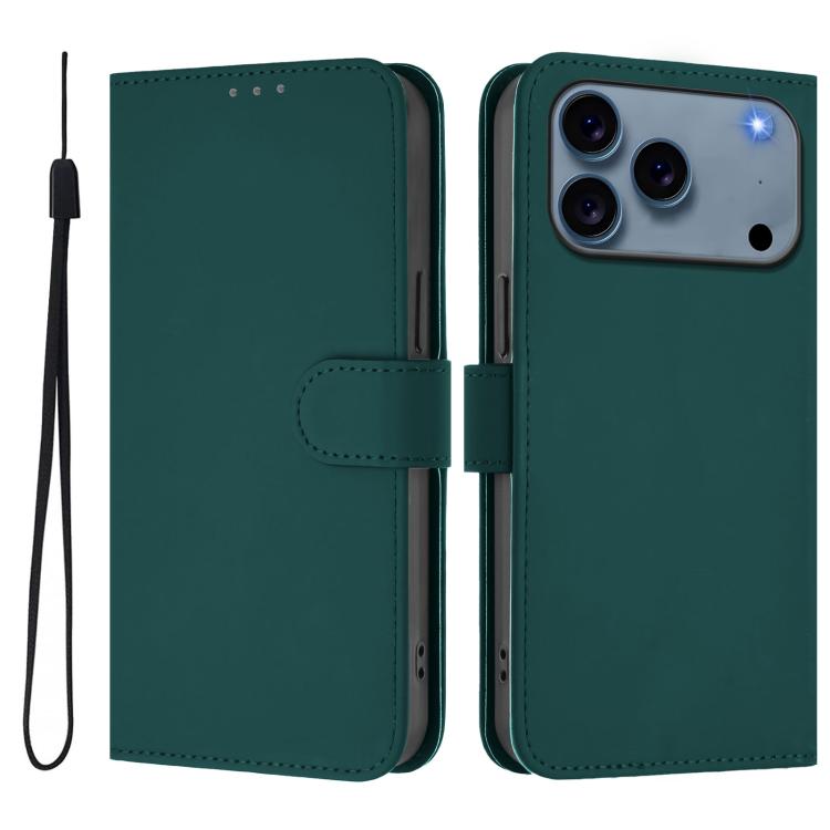 For iPhone 17 Pro Skin Feel Solid Color Leather Phone Case with Lanyard(Dark Green)