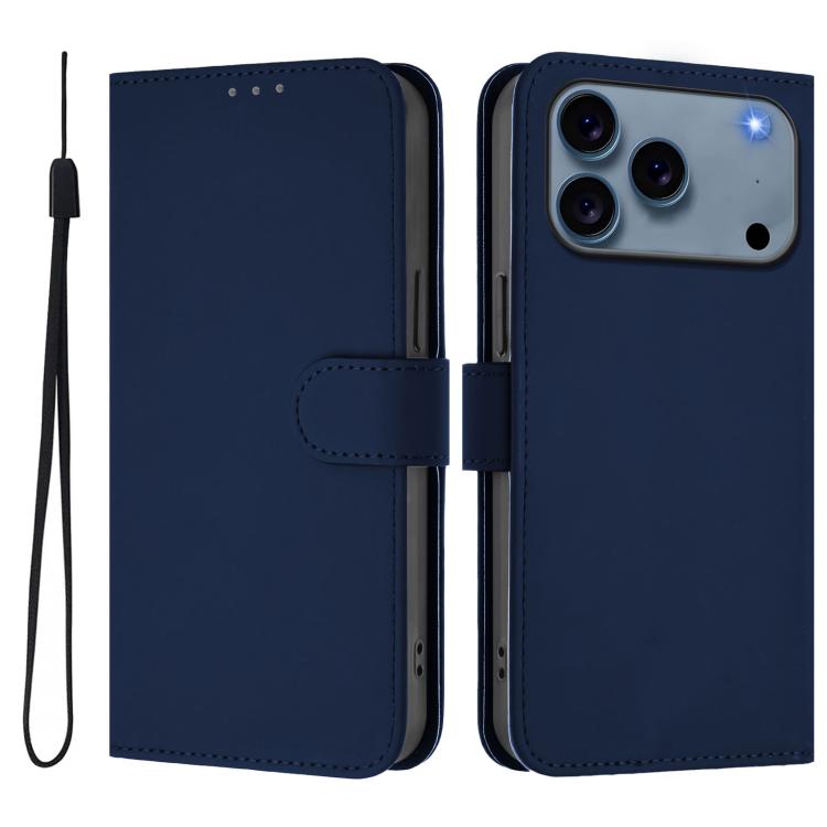 For iPhone 17 Pro Skin Feel Solid Color Leather Phone Case with Lanyard(Navy Blue)