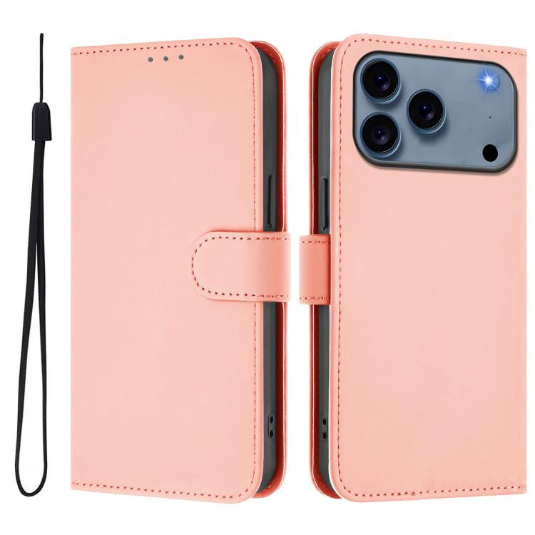 For iPhone 17 Pro Skin Feel Solid Color Leather Phone Case with Lanyard(Pink)