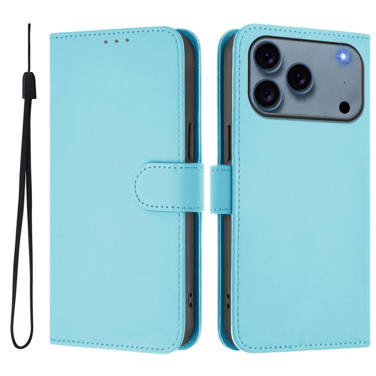 For iPhone 17 Pro Skin Feel Solid Color Leather Phone Case with Lanyard(Sky Blue)