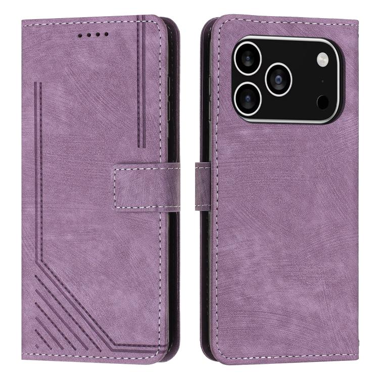 For iPhone 17 Pro Skin Feel Stripe Pattern Leather Phone Case with Lanyard(Purple)