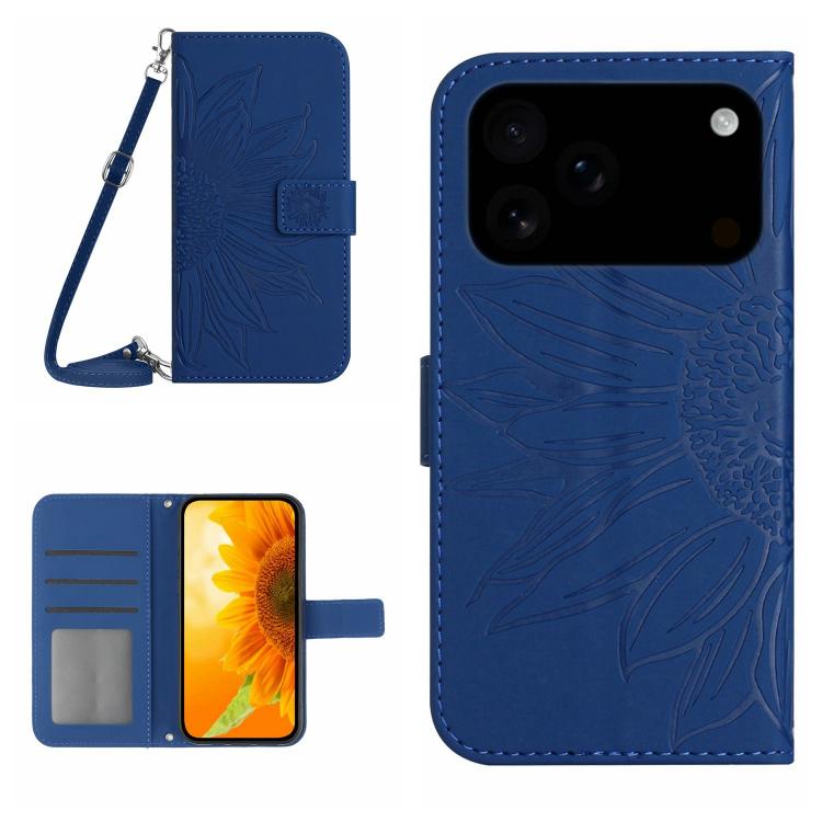 For iPhone 17 Pro Skin Feel Sun Flower Embossed Flip Leather Phone Case with Lanyard(Dark Blue)