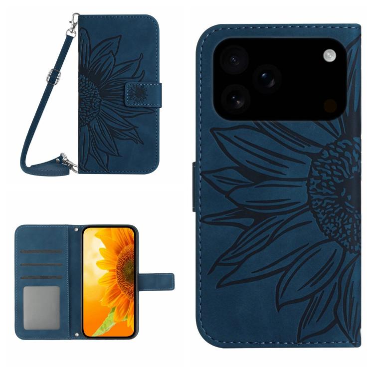 For iPhone 17 Pro Skin Feel Sun Flower Embossed Flip Leather Phone Case with Lanyard(Inky Blue)