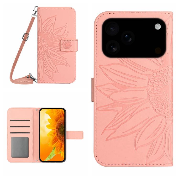 For iPhone 17 Pro Skin Feel Sun Flower Embossed Flip Leather Phone Case with Lanyard(Pink)