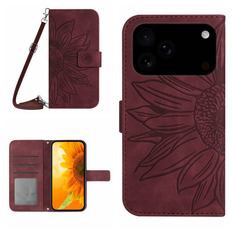 For iPhone 17 Pro Skin Feel Sun Flower Embossed Flip Leather Phone Case with Lanyard(Wine Red)