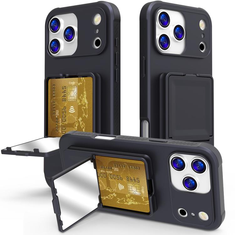 For iPhone 17 Pro Skin Feel TPU Hidden Mirror Card Bag Phone Case with Stand(Black)