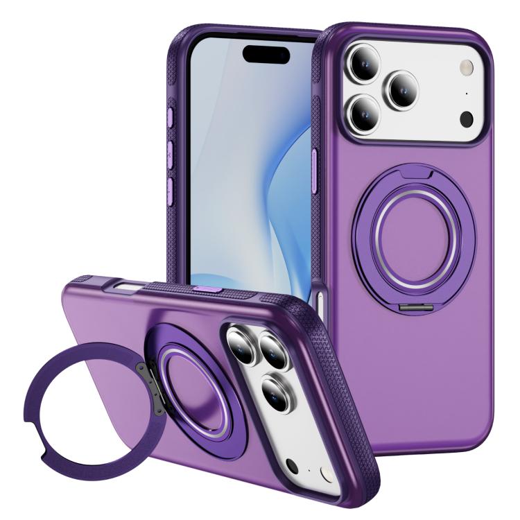 For iPhone 17 Pro Skin Feel Translucent PC Gear Holder C MagSafe Phone Case(Bright Purple + Purple)