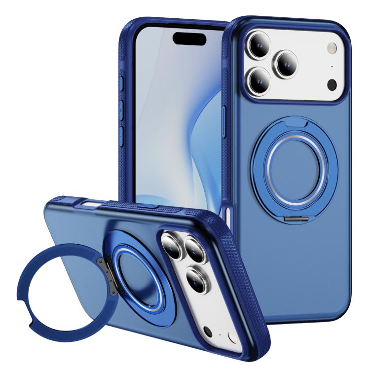 For iPhone 17 Pro Skin Feel Translucent PC Gear Holder C MagSafe Phone Case(Transparent Blue + Royal Blue)