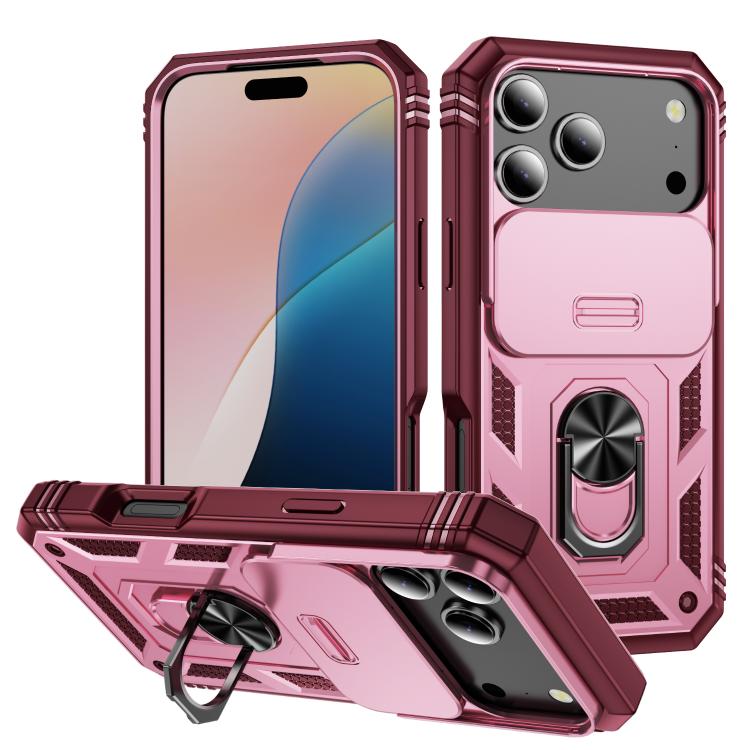 For iPhone 17 Pro Sliding Camshield TPU + PC Phone Case with Holder(Pink+Rose Red)