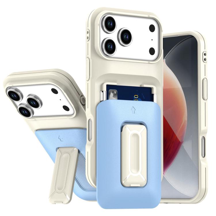 For iPhone 17 Pro Sliding Card Holder Integrated Phone Case with Kickstand(Beige Blue)