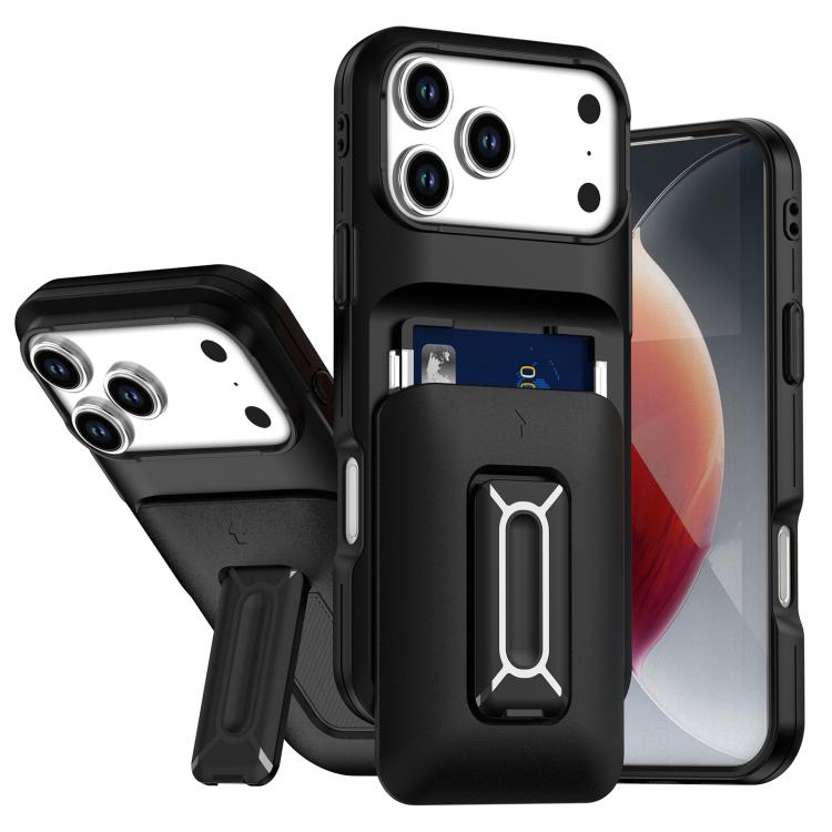 For iPhone 17 Pro Sliding Card Holder Integrated Phone Case with Kickstand(Black)