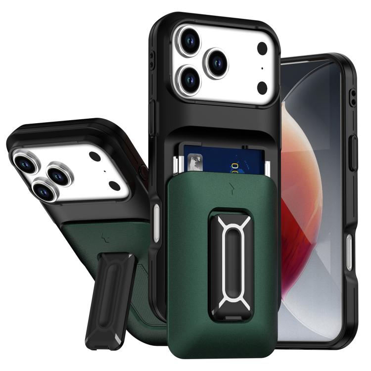 For iPhone 17 Pro Sliding Card Holder Integrated Phone Case with Kickstand(Black Green)