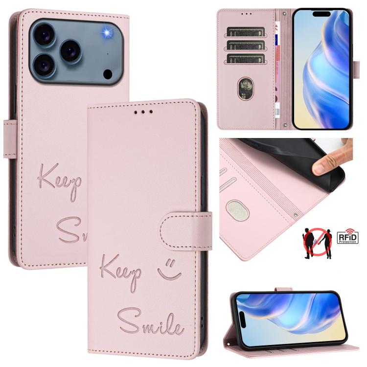 For iPhone 17 Pro Smile Embossing RFID Leather Phone Case(Pink)