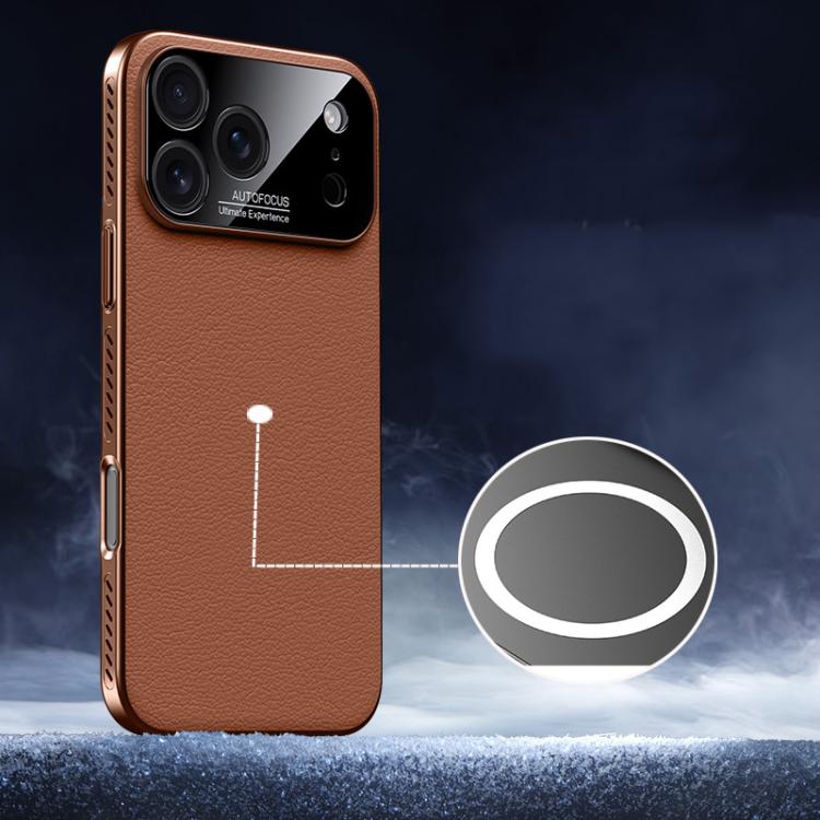For iPhone 17 Pro Soft Armor MagSafe Cooling Plain Leather Hybrid PC Phone Case(Brown)