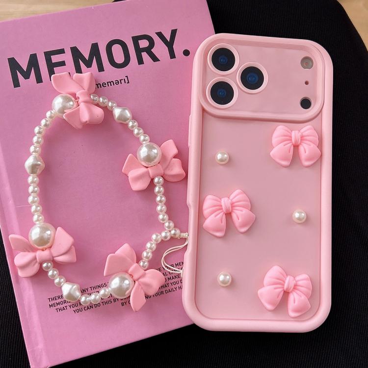 For iPhone 17 Pro Soft Silicone 3D Bowknot Pearl Phone Case with Beaded Wrist Strap(Pink)